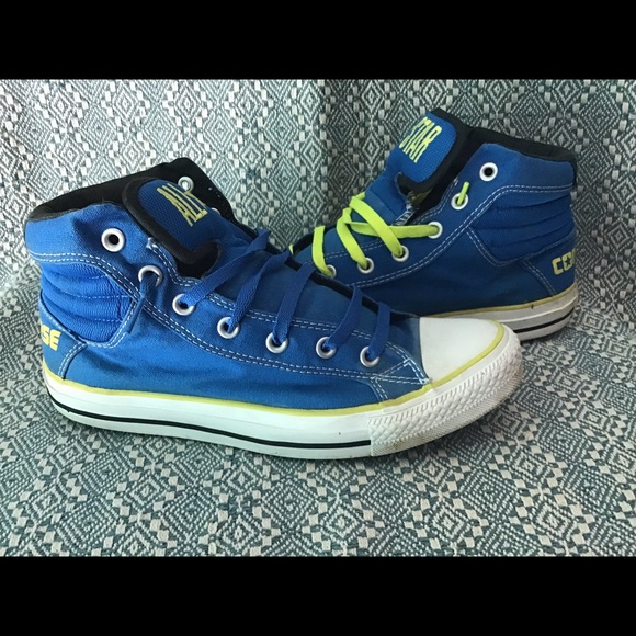 Converse high top blue and neon green men’s size 9 women’s size 11 normal wear